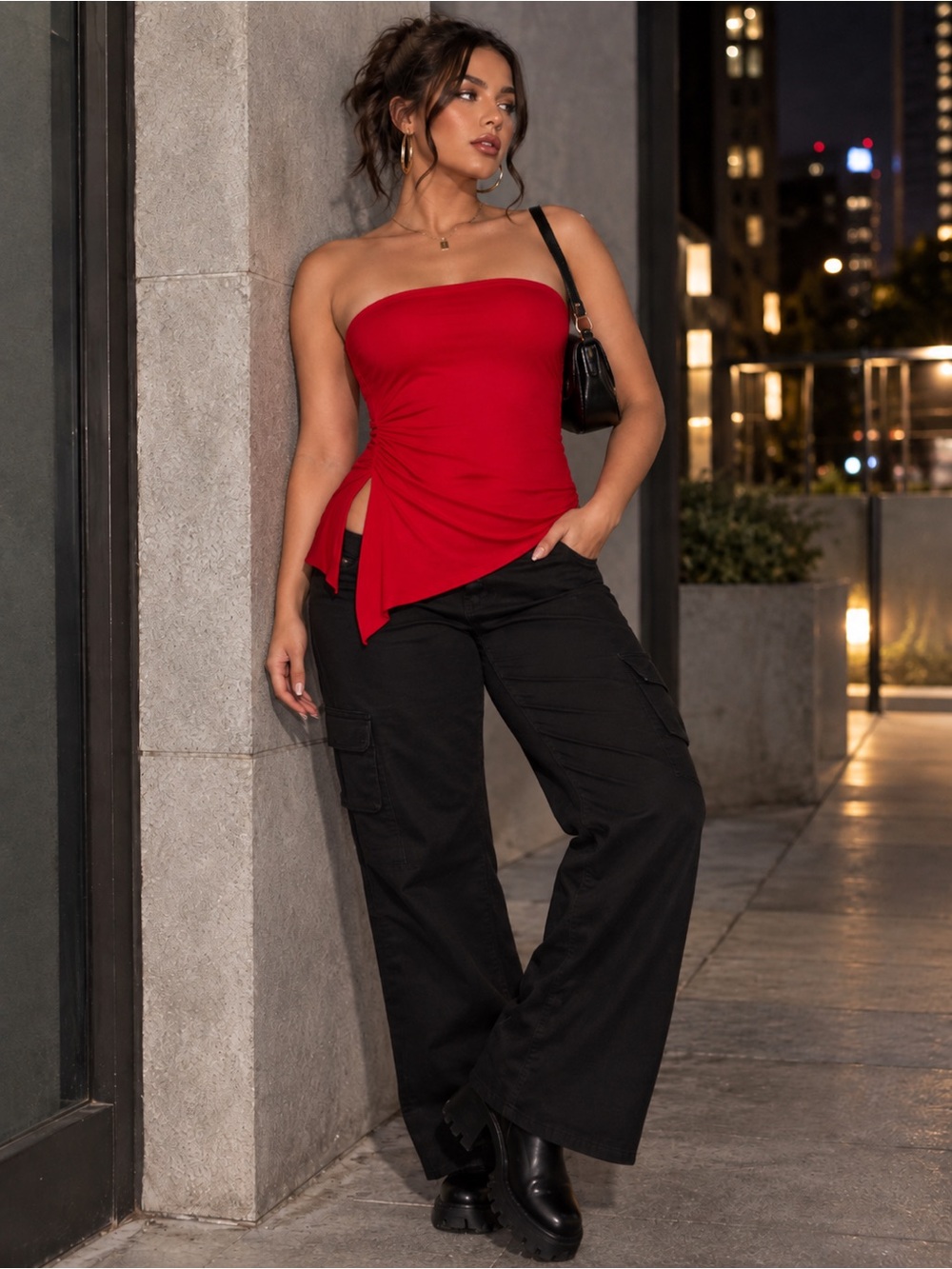 Red Asymmetrical Ruched Tube Top Downtown Baddie